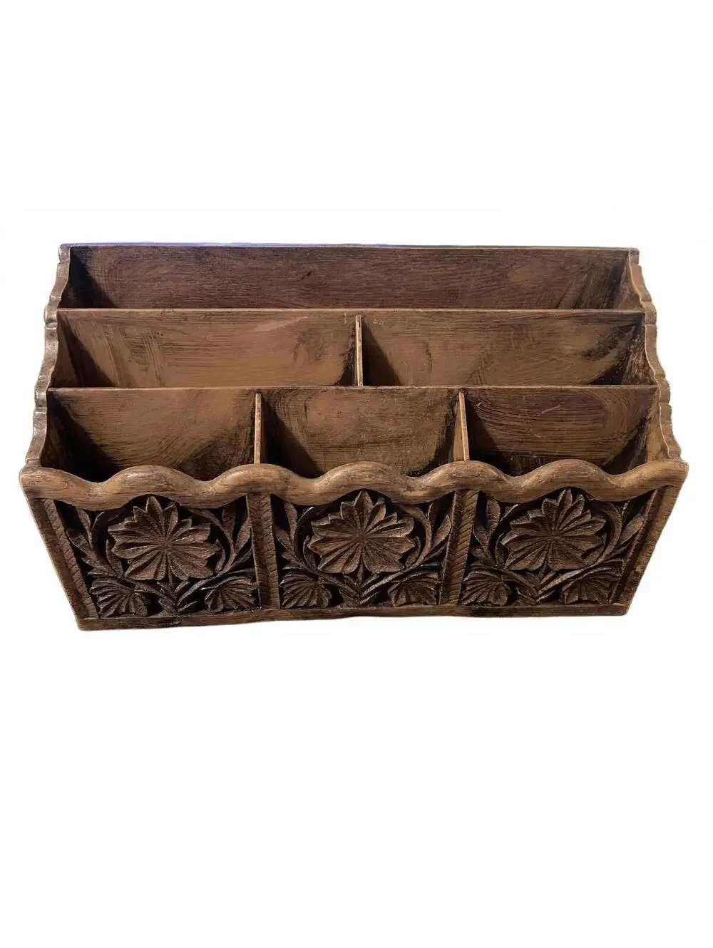 Faux Hand-Carved Wooden Desk Organizer with Floral Design 12x4x7 Made of Plastic
